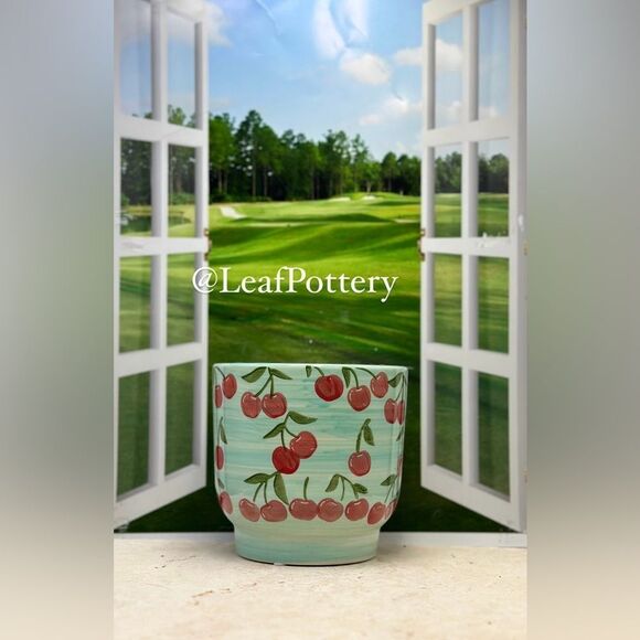 Cherry Patterned Blue/Red Ceramic Planter without drainage hole - Picture 5 of 9